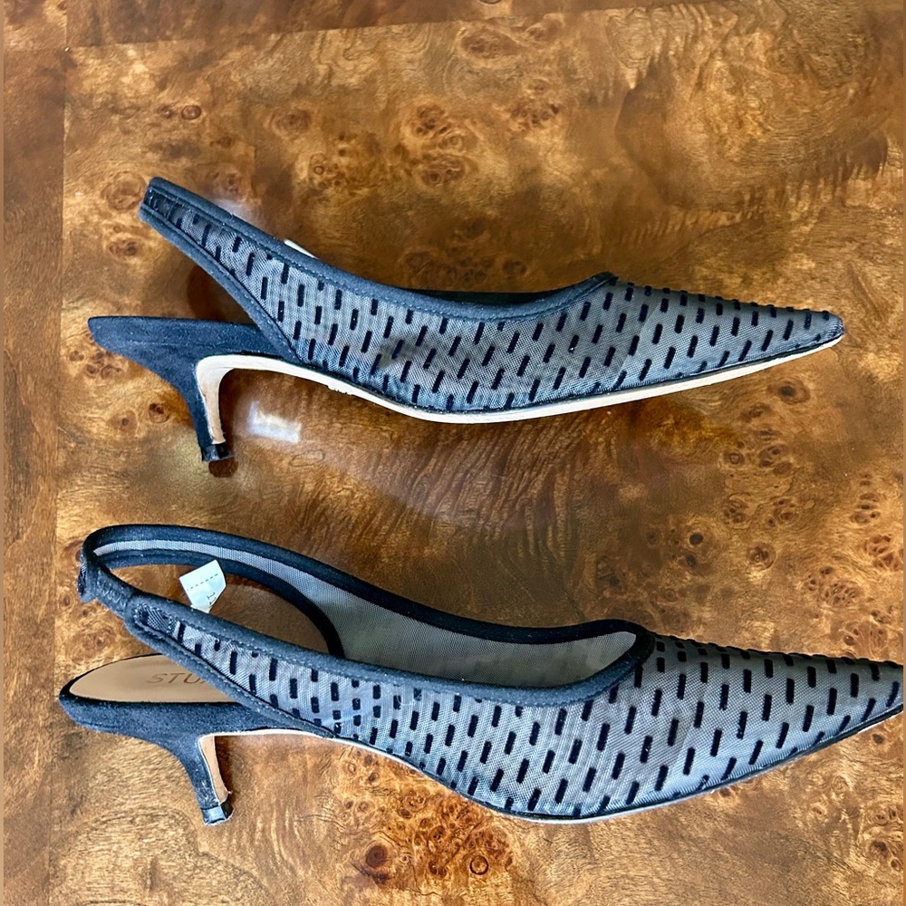 Stuart Weitzman The Vea Black Polka dot mesh Slingbacks